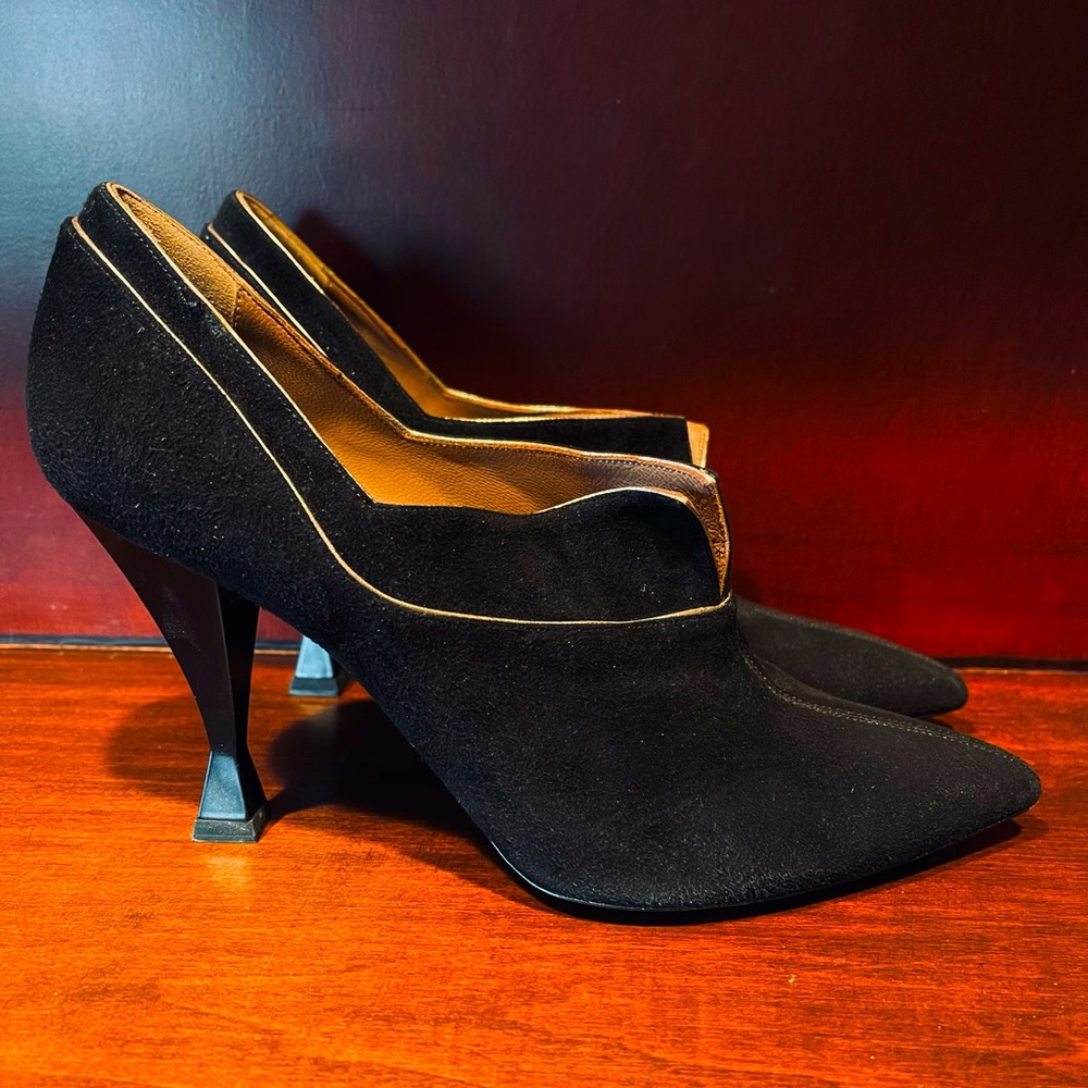 Giorgio Armani black tie black suede heels with gold leather trim